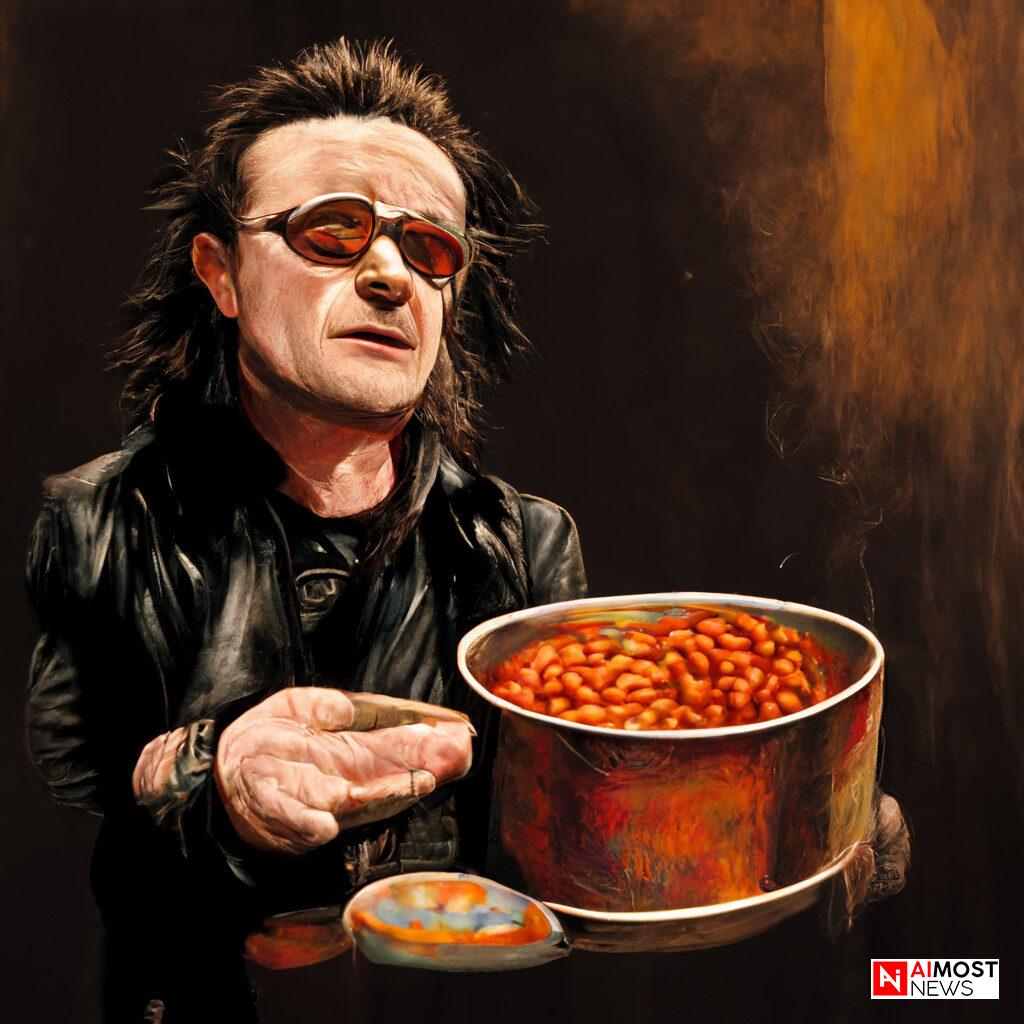 Rockstar frontman Bono of the band U2 serenades a delicious catering sized can of baked beans.