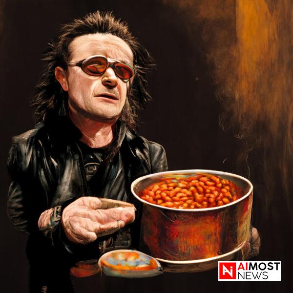 Bono plays secret London gig to a can of baked beans.