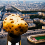 Gargantuan potato stuck on Eiffel tower after falling from sky.