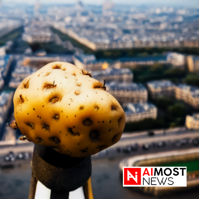 Gargantuan potato stuck on Eiffel tower after falling from sky.