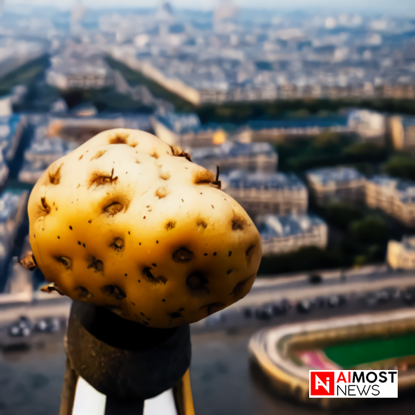 Gargantuan potato stuck on Eiffel tower after falling from sky.